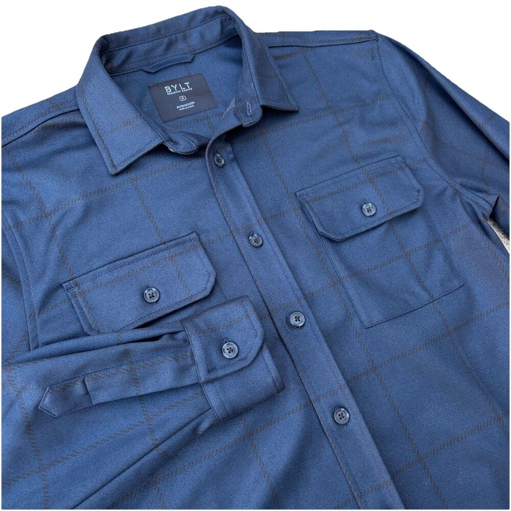 Bylt Heavyweight Coastal Overshirt Flannel Mens M Plaid Navy Shacket Button Up
